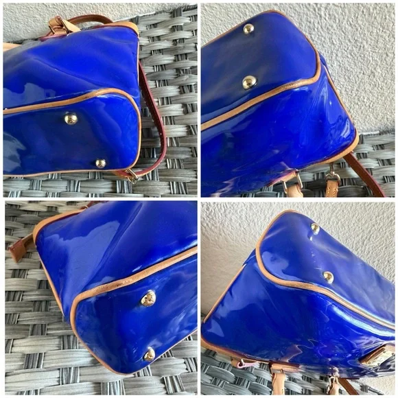 Dooney & Bourke Patent Leather Small Zip Satchel Electric Blue & Tan Trim - Picture 12 of 16